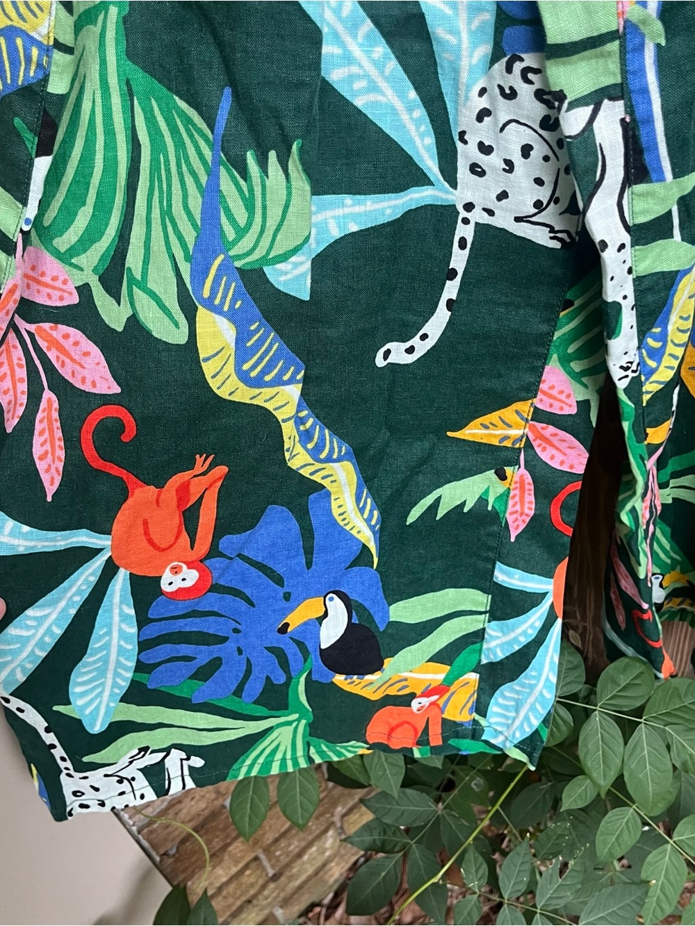 Christian Siriano Tropical Wide-Leg 100% Linen Pants in Green w Animals - Picture 2 of 4